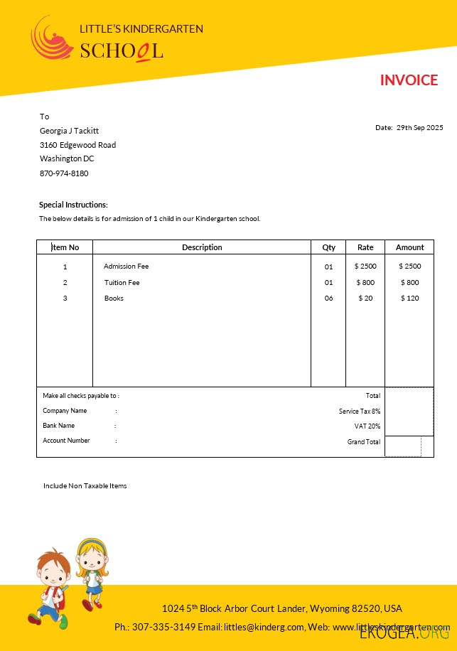 Modèle de facture d'école maternelle